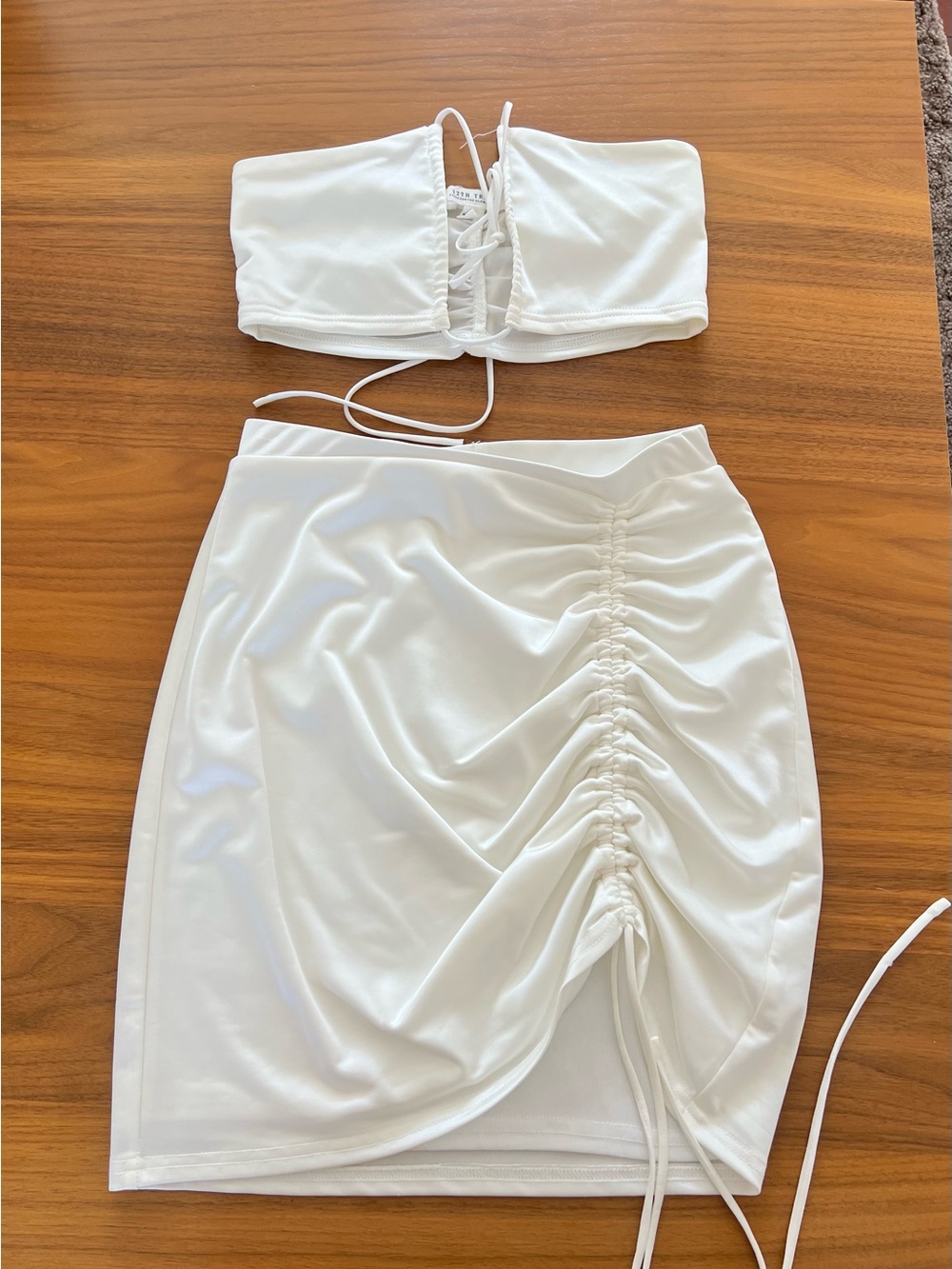 White Ruched Drawstring Midi Skirt & crop top
